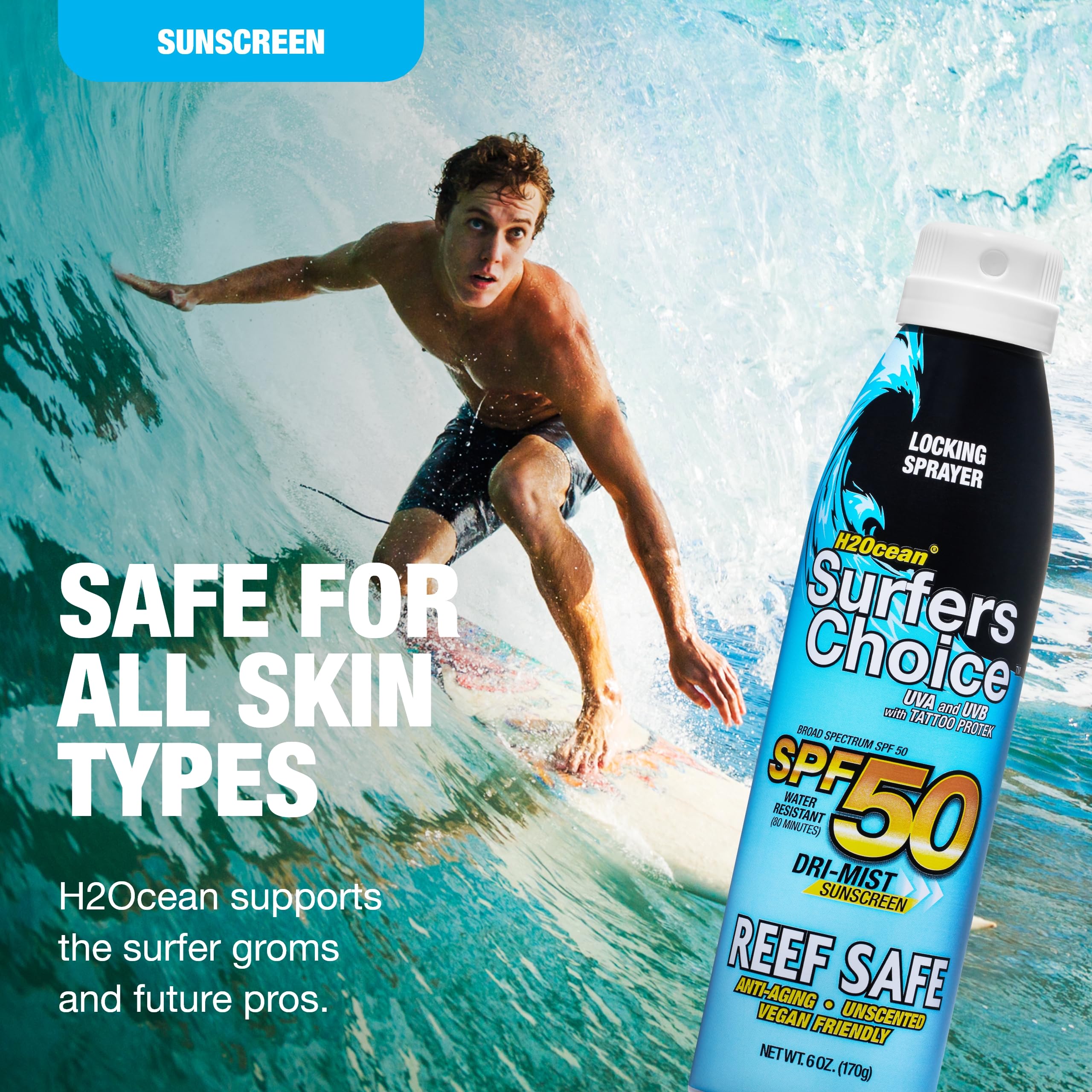 H2Ocean Surfers Choice SPF 50 Spray – 2 Pack, Reef-Safe Quick-Dry Sunscreen for Tattoos & All Ages