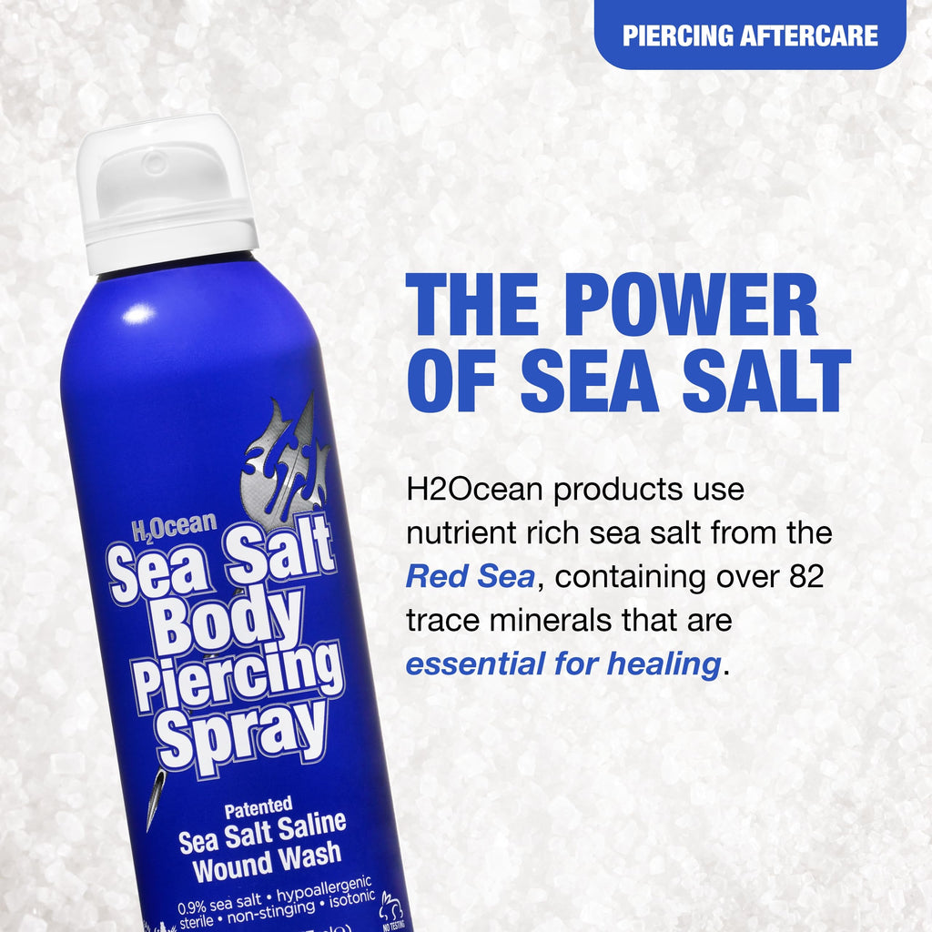 H2Ocean Sea Salt Body Piercing Spray – Vegan, All-Natural Saline Aftercare (6 oz x 2)