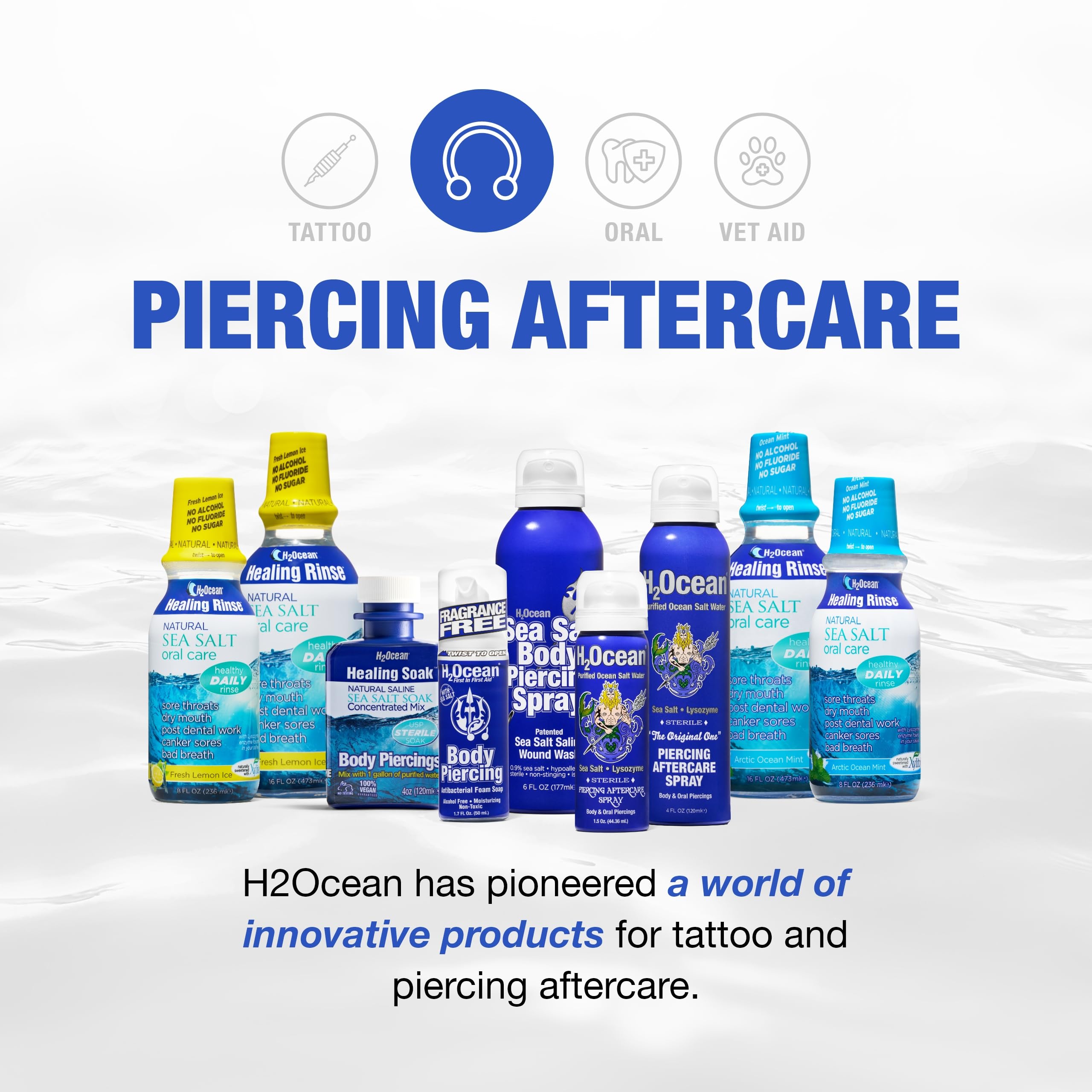 H2Ocean Sea Salt Body Piercing Spray – Vegan, All-Natural Saline Aftercare (6 oz x 2)