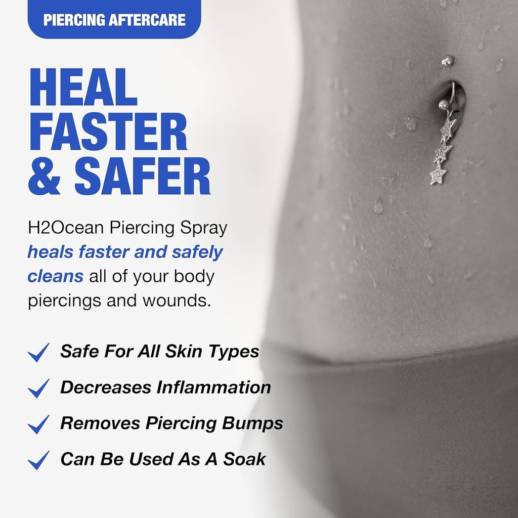 H2Ocean Piercing Aftercare Spray – 2x4oz Saline Cleanser for All Piercings