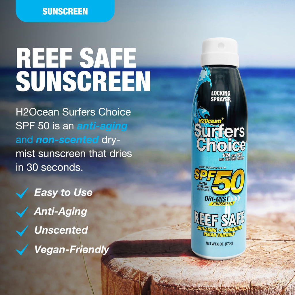 H2Ocean Surfers Choice SPF 50 Spray – 2 Pack, Reef-Safe Quick-Dry Sunscreen for Tattoos & All Ages