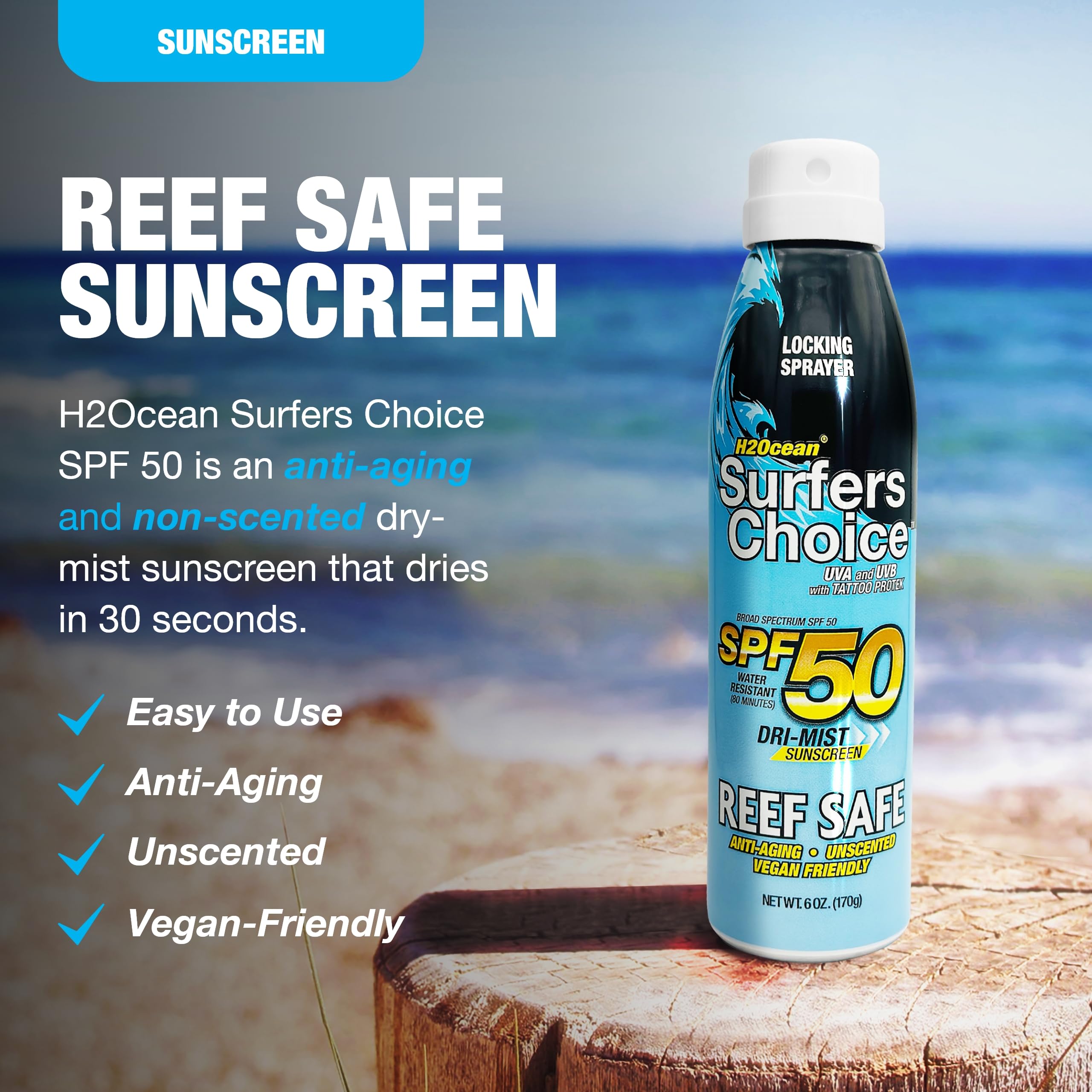 H2Ocean Surfers Choice SPF 50 Spray – 2 Pack, Reef-Safe Quick-Dry Sunscreen for Tattoos & All Ages