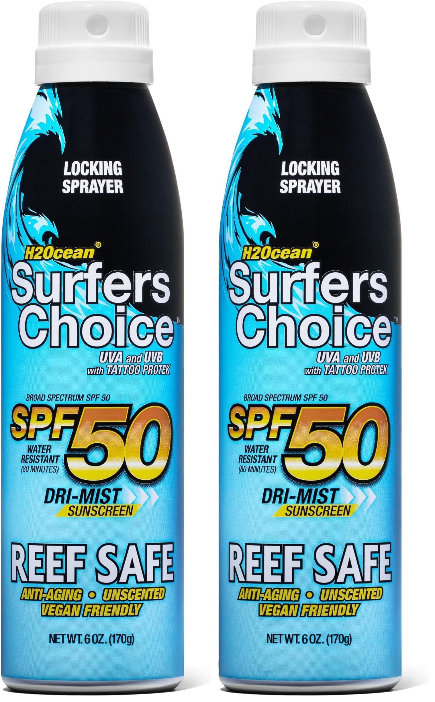 H2Ocean Surfers Choice SPF 50 Spray – 2 Pack, Reef-Safe Quick-Dry Sunscreen for Tattoos & All Ages