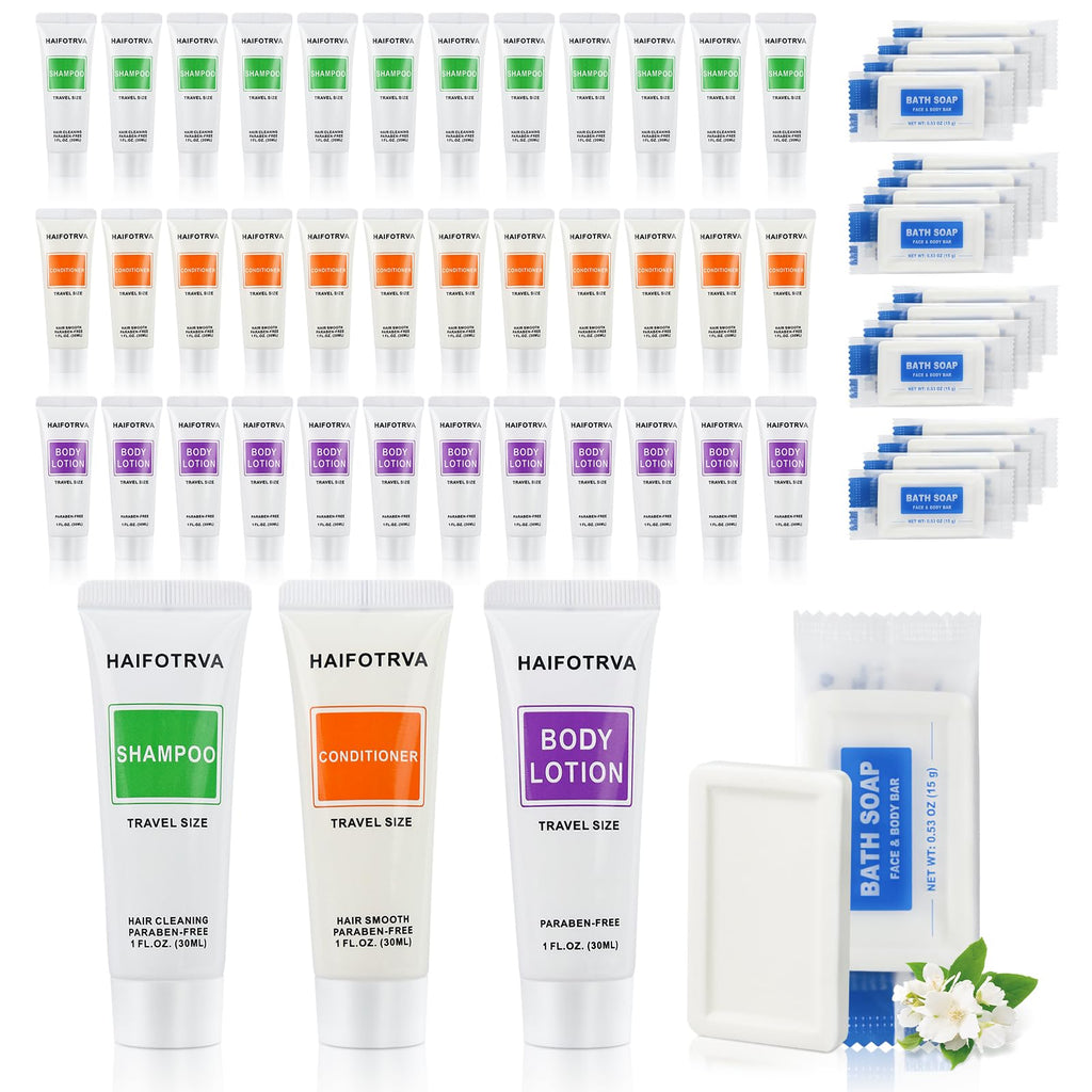 HAIFOTRVA 40 Pcs 4-In-1 Hotel Toiletries Bulk Set – Travel Size Shampoo, Conditioner, Body Lotion & Soap