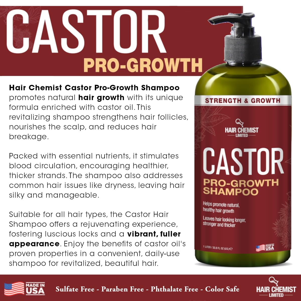 Hair Chemist Castor Pro-Growth 2-Piece Gift Set – 33.8 oz Shampoo & 33.8 oz Conditioner | Sulfate Free, Made in USA