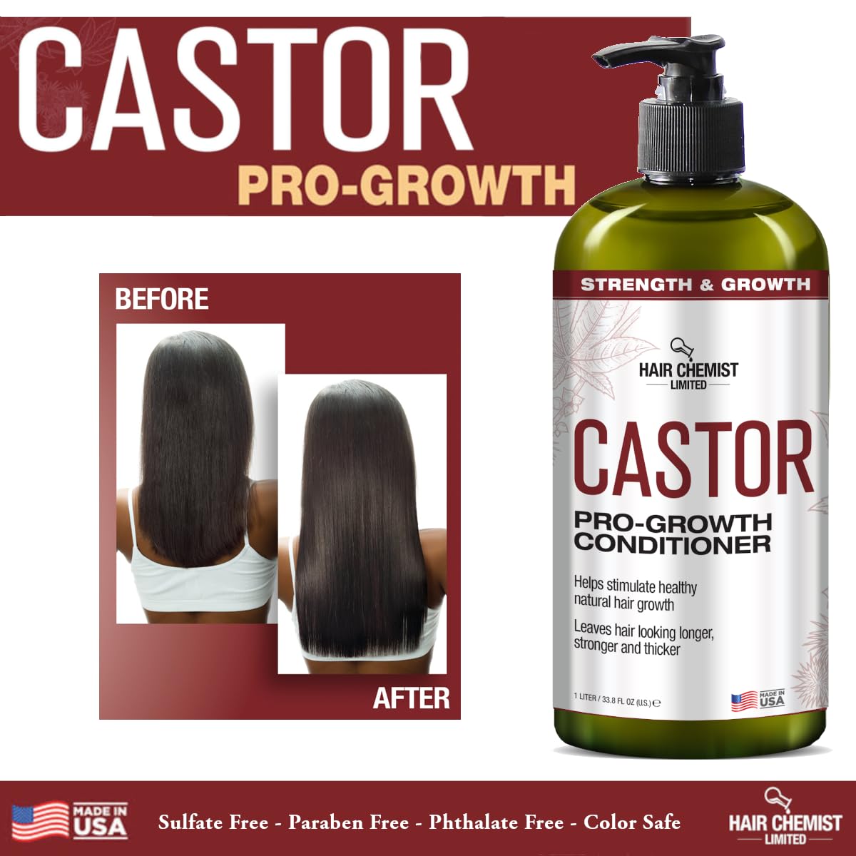 Hair Chemist Castor Pro-Growth 2-Piece Gift Set – 33.8 oz Shampoo & 33.8 oz Conditioner | Sulfate Free, Made in USA
