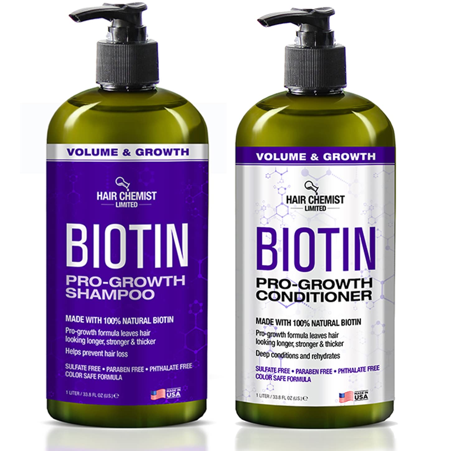 Hair Chemist Pro-Growth Shampoo & Conditioner Set with Biotin — 33.8 oz Each | Sulfate-Free & Color-Safe