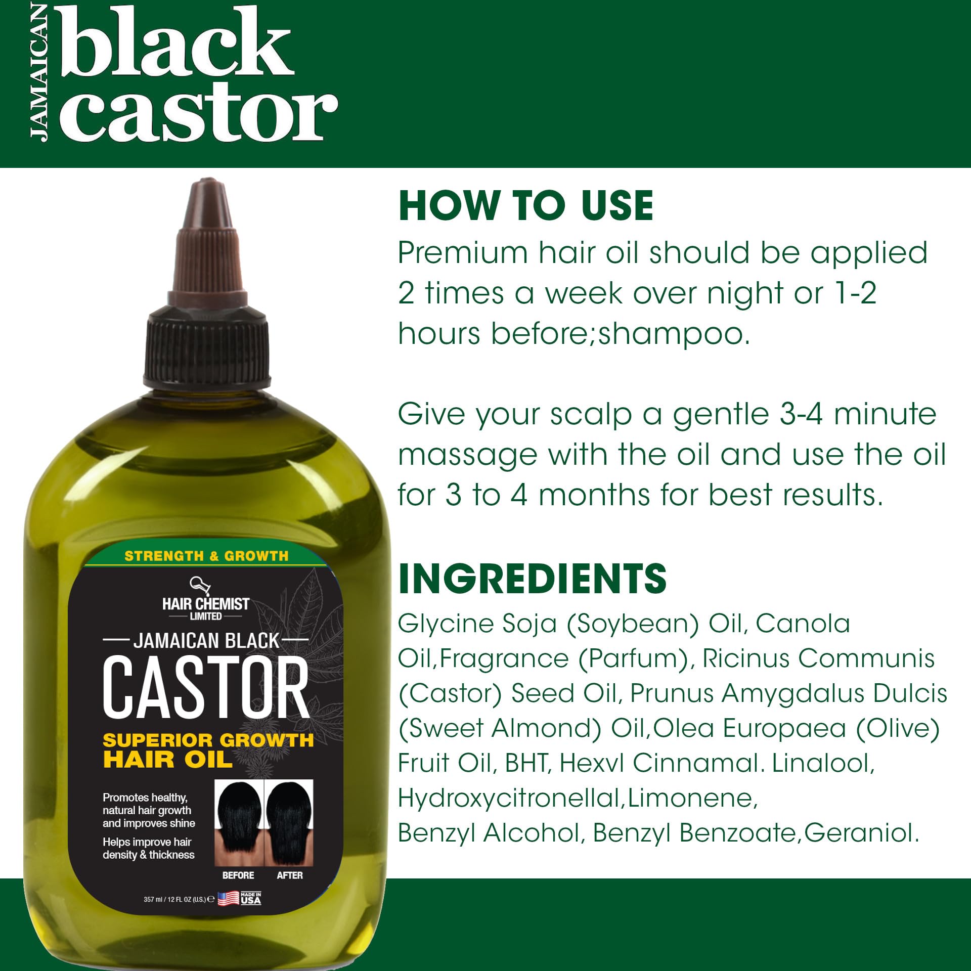 Hair Chemist Superior Growth Jamaican Black Castor Hair Oil 12 oz - Nourish, Strengthen & Support Natural Hair Growth