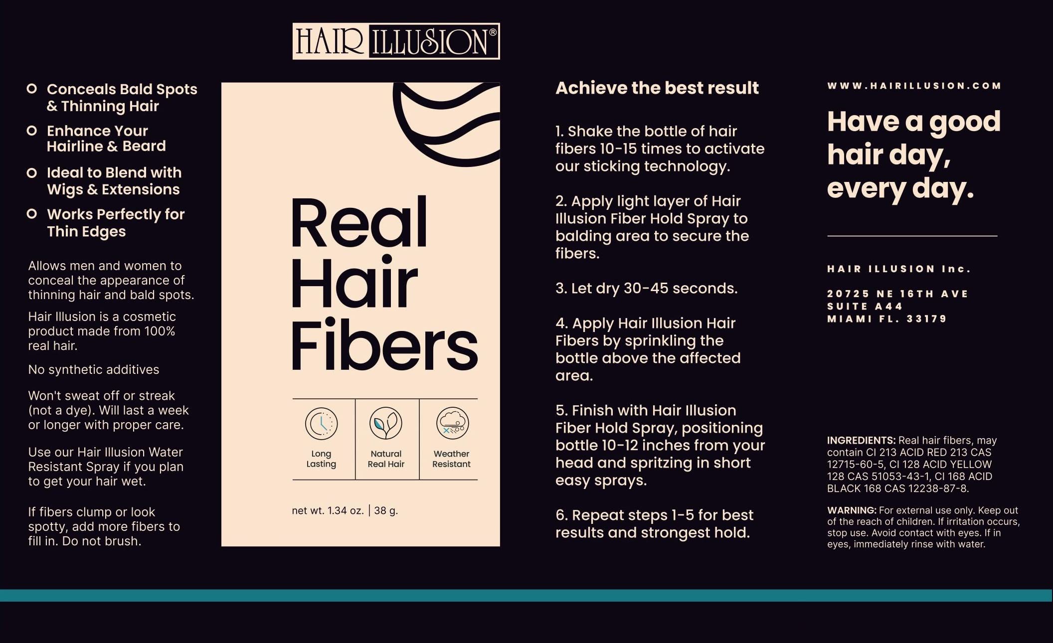 Hair Illusion Black Real Hair Fibers for Thinning Hair – 38g, 100% Natural, Non-Synthetic Concealer for Women & Men