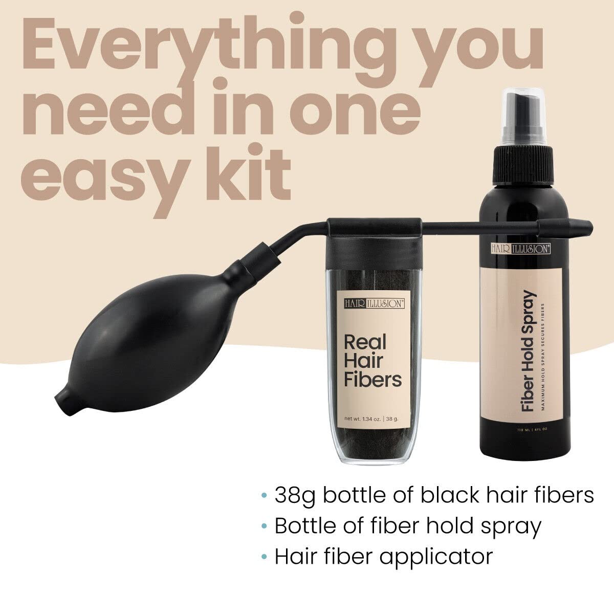Hair Illusion Combo Kit – Hold Spray, 38g Fiber Bottle & Hairline Optimizer (Black)