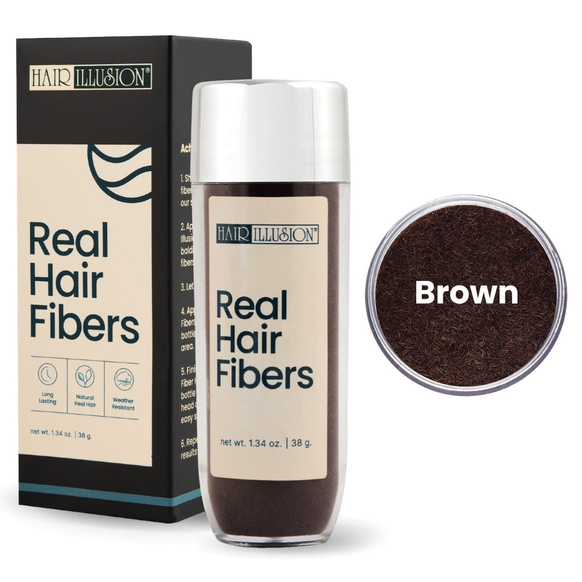 Hair Illusion Brown Real Hair Fibers & Fiber Holding Spray Bundle – 100% Real Hair, Natural Coverage (38 g)