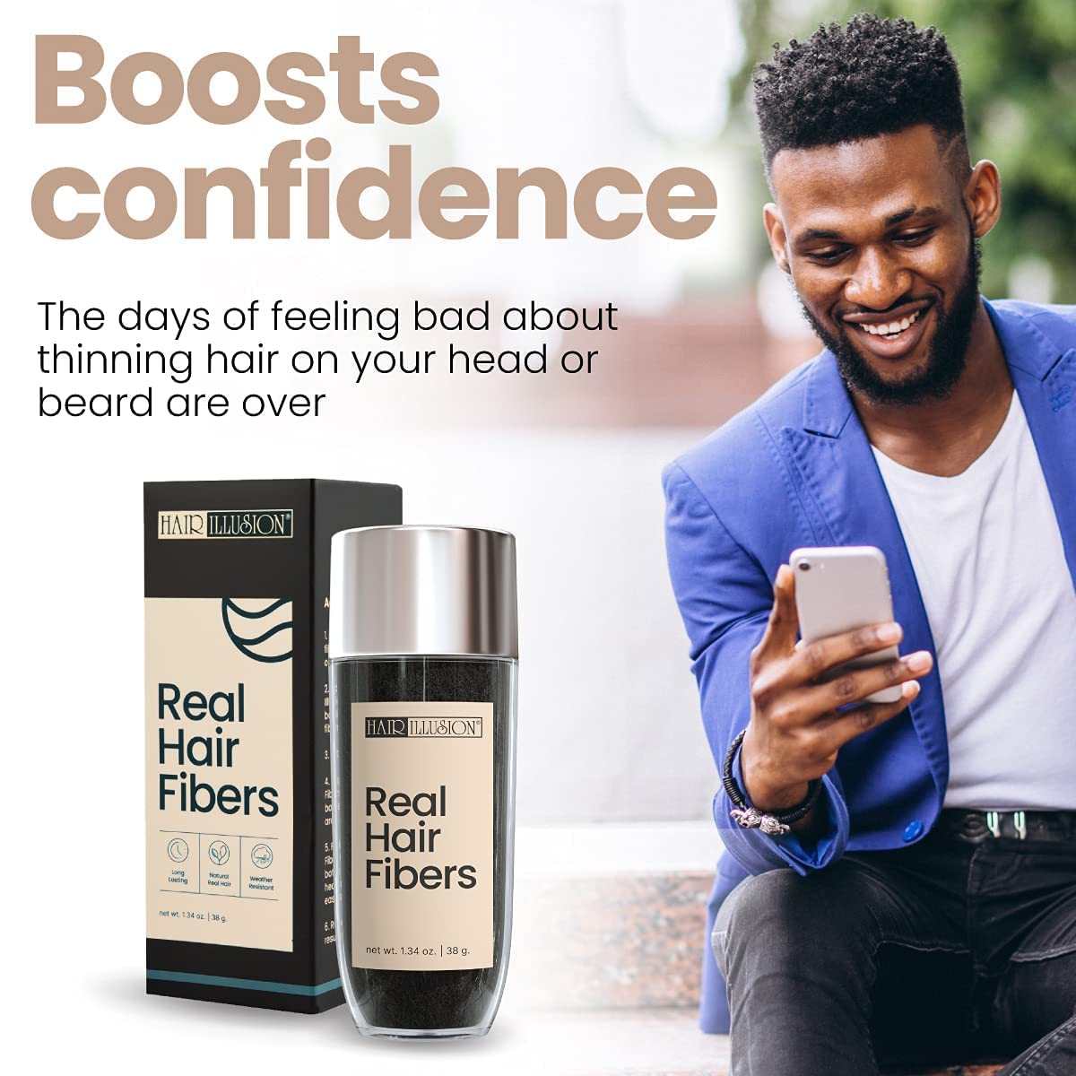 Hair Illusion Black Real Hair Fibers – 2-Pack (38g Each) for Thinning Hair – Natural, Non-Synthetic Coverage