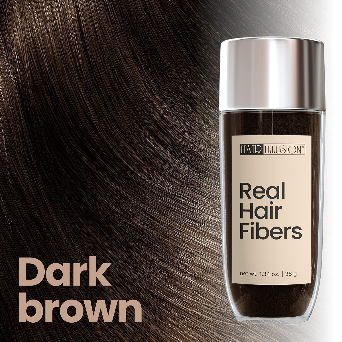 Hair Illusion Dark Brown Real Hair Fibers – 38g, Natural, Non-Synthetic for Thinning Hair