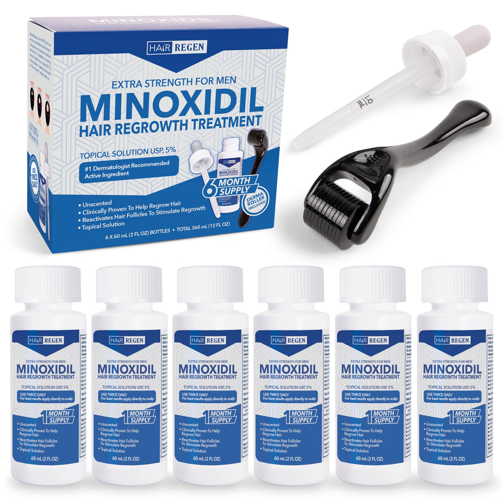 Hair Regen Minoxidil 5% + 0.25mm Derma Roller – 6-Month Supply for Men
