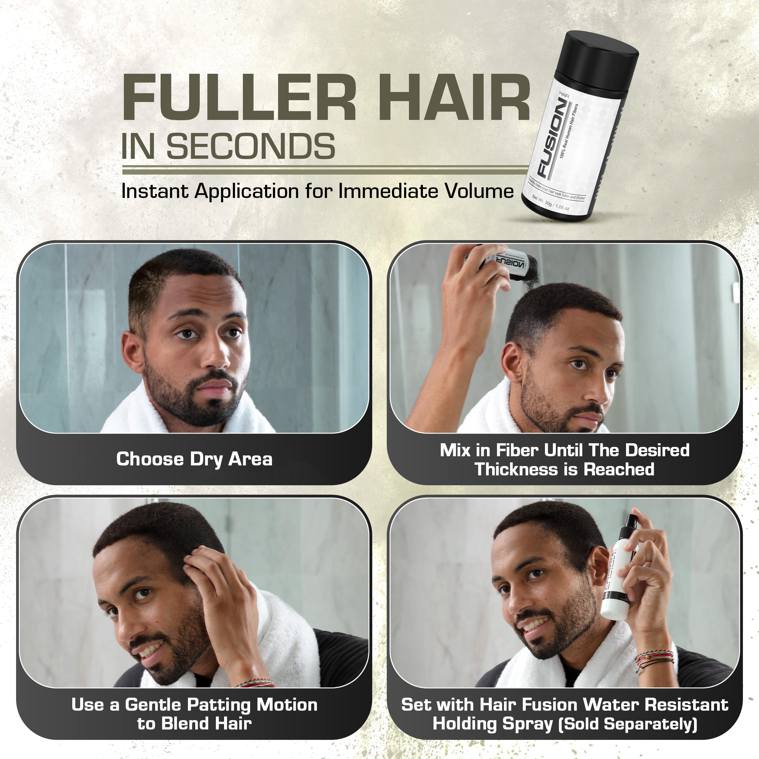 HAIRFUSION Hair Fibers for Thinning Hair - Real Human Hair, Jet Black, 0.42 oz, Root Touch Up & Volumizer