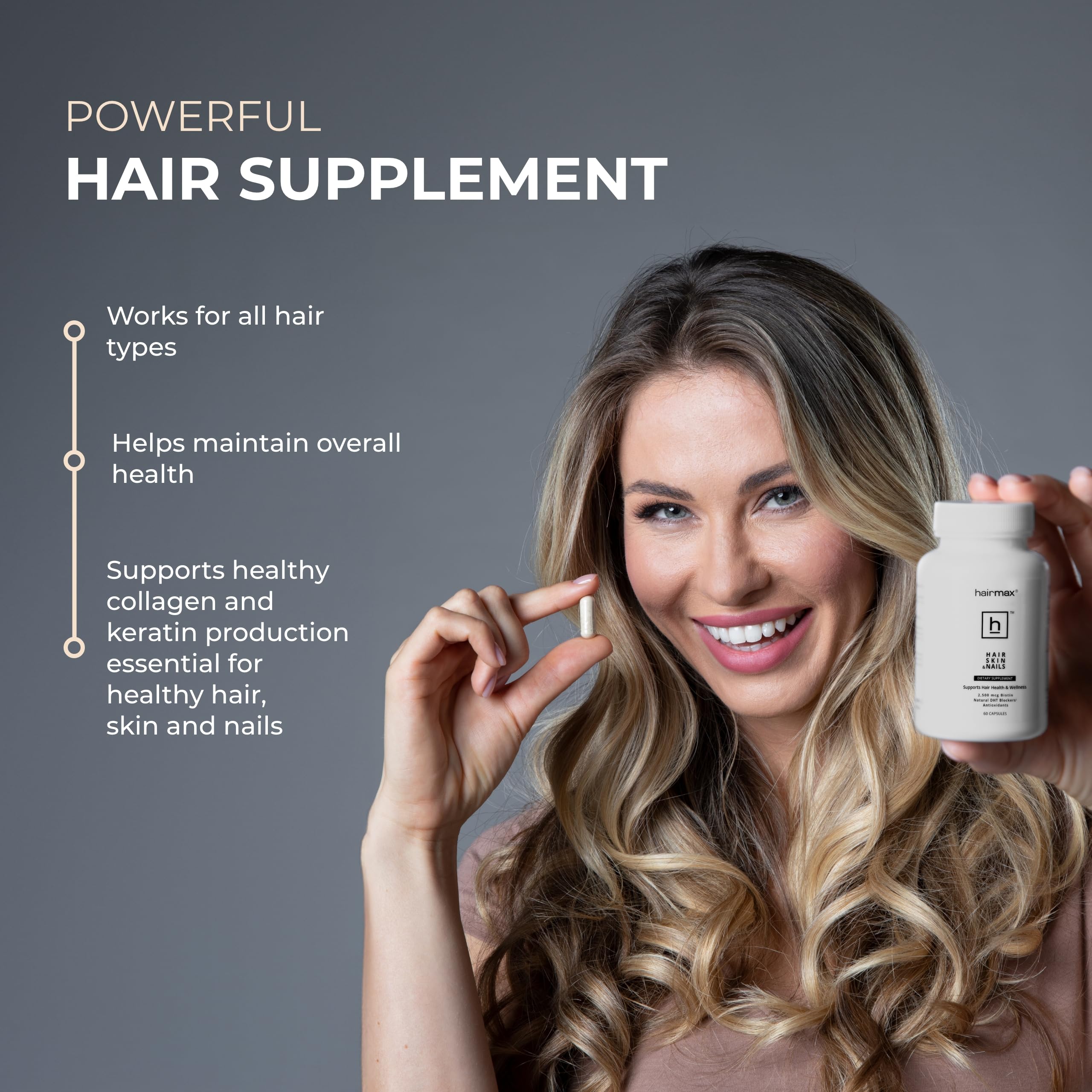 Hairmax Hair, Skin and Nails Dietary Supplement – 2500mcg Biotin, DHT Blocker, MSM, Antioxidants, 60 Capsules