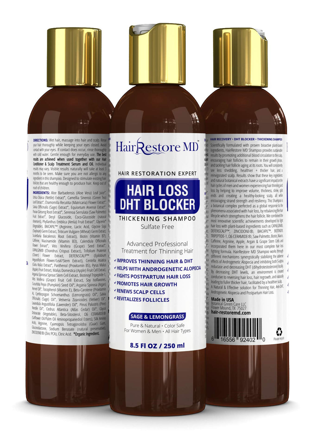 HairRestore MD DHT Blocker Shampoo with Sage & Lemongrass – Biotin, Caffeine, Sulfate-Free for Hair Support & Thickness