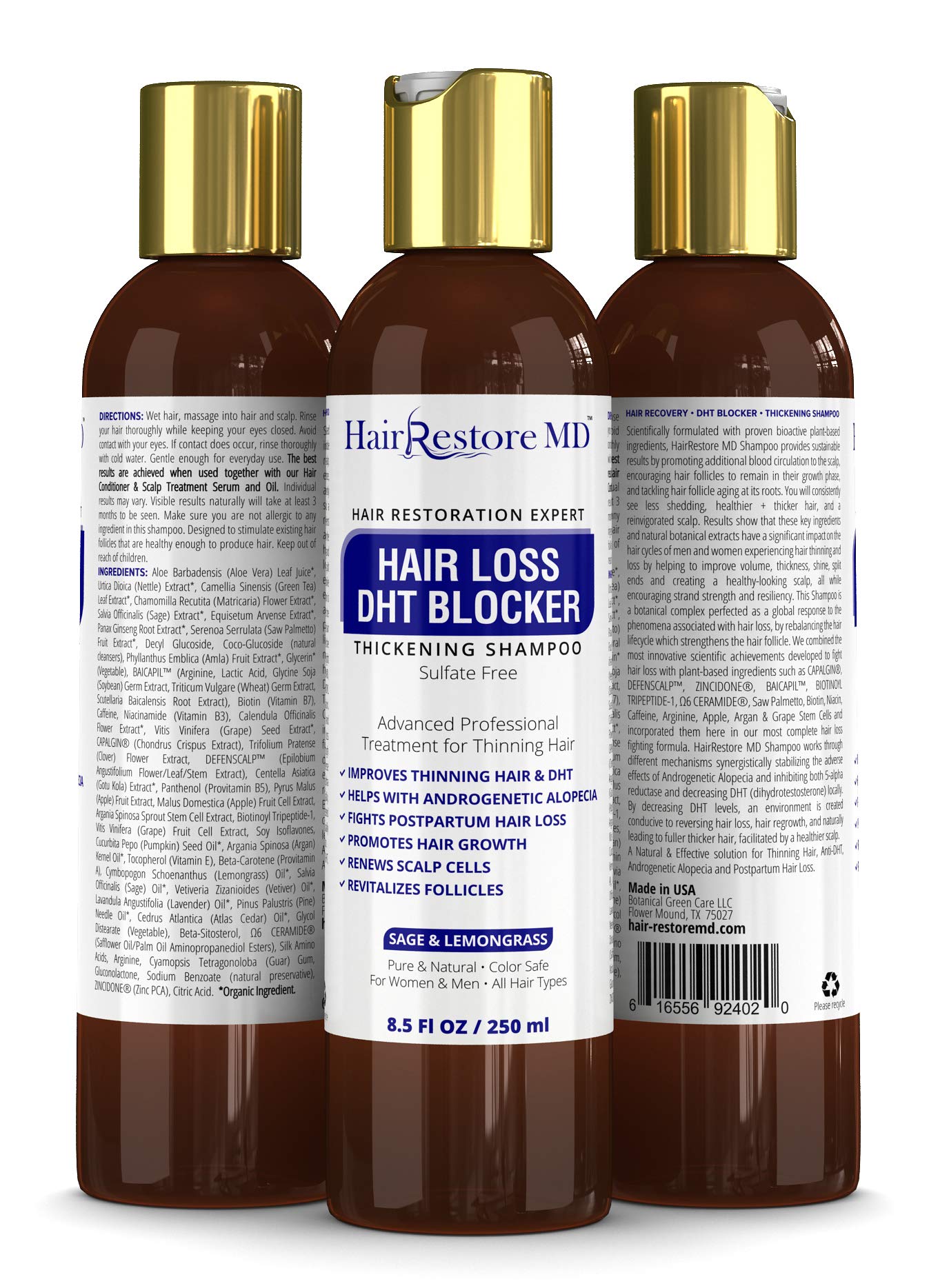 HairRestore MD DHT Blocker Shampoo with Sage & Lemongrass – Biotin, Caffeine, Sulfate-Free for Hair Support & Thickness