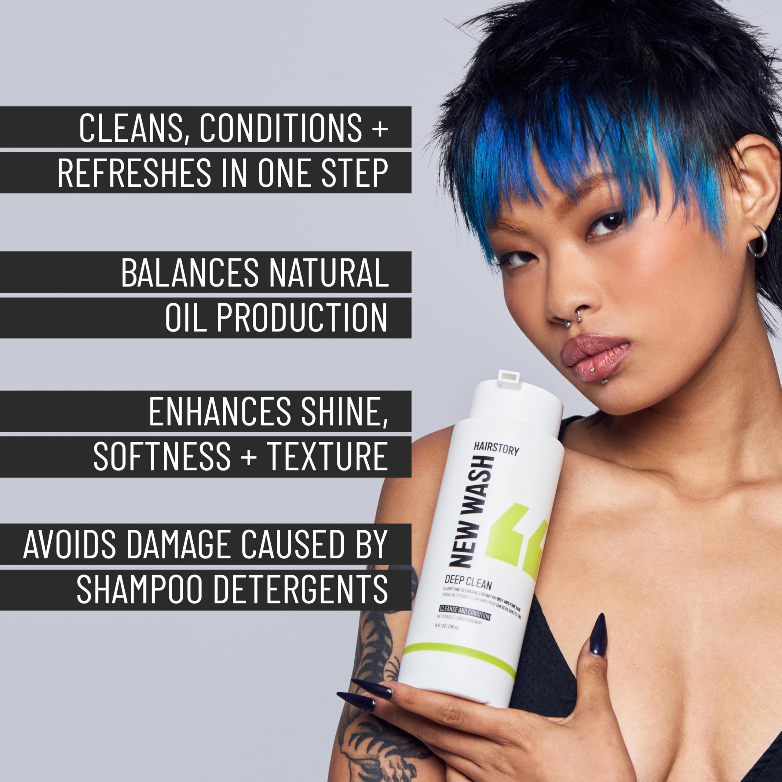Hairstory New Wash Deep Clean Refillable Bottle – Detergent-Free Cleansing for Oily, Fine Hair | 8 oz
