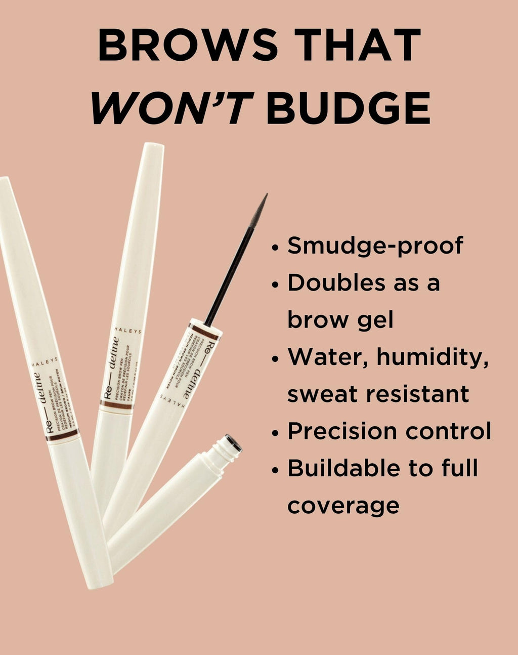 HALEYS Precision Brow Pen (Taupe) — 2-in-1 Definition + Hold, 16HR Matte Brow