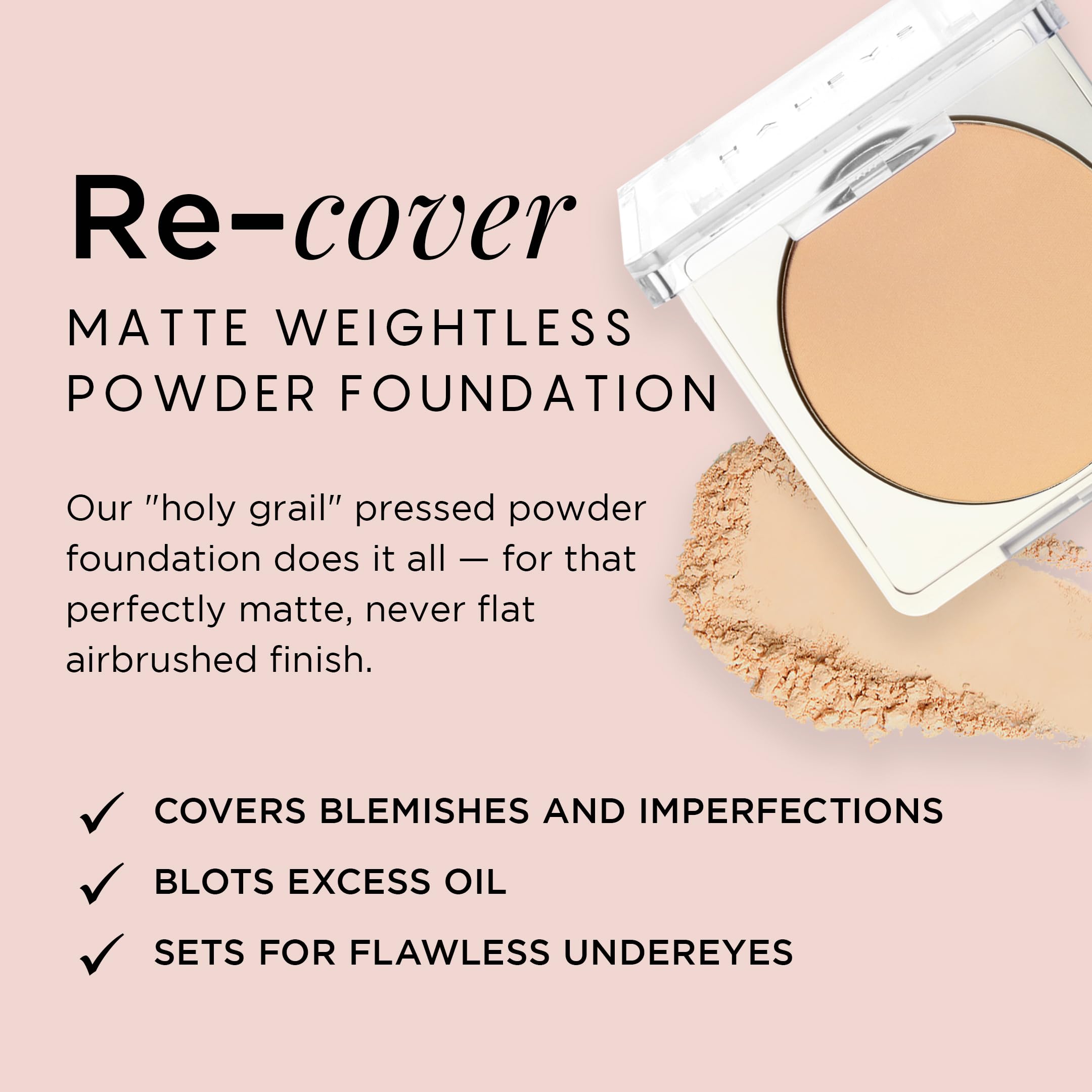 HALEYS Re-cover Pressed Powder Foundation – Medium to Full Coverage, Oil Control, Soft Matte Finish, Shade 3.25