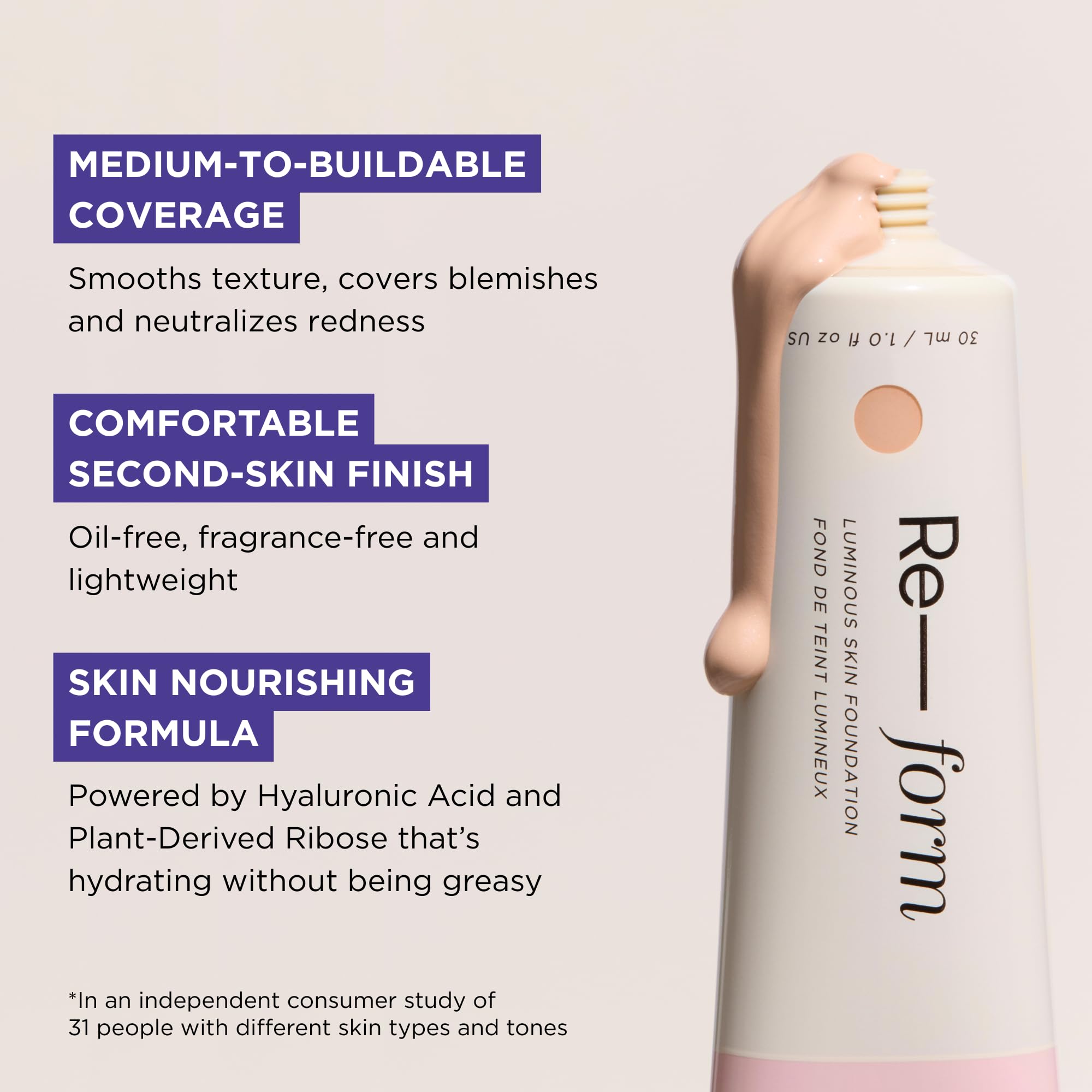 HALEYS Re-form Luminous Skin Foundation — Vegan, Cruelty-Free, Buildable Coverage, Oil-Free, All-Day Wear