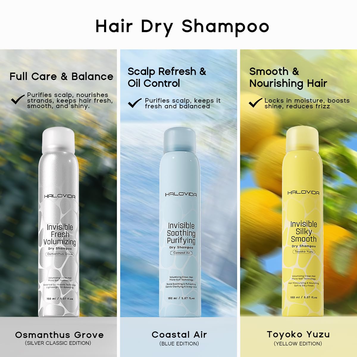 HALOVIDA Dry Shampoo Pack of 3 for Dark Hair — Invisible Residue, Oil Absorption, 72h Freshness