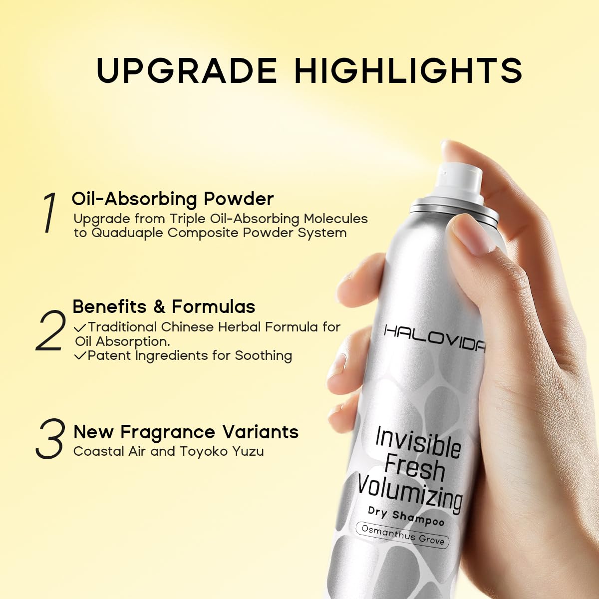 HALOVIDA Dry Shampoo Pack of 3 for Dark Hair — Invisible Residue, Oil Absorption, 72h Freshness