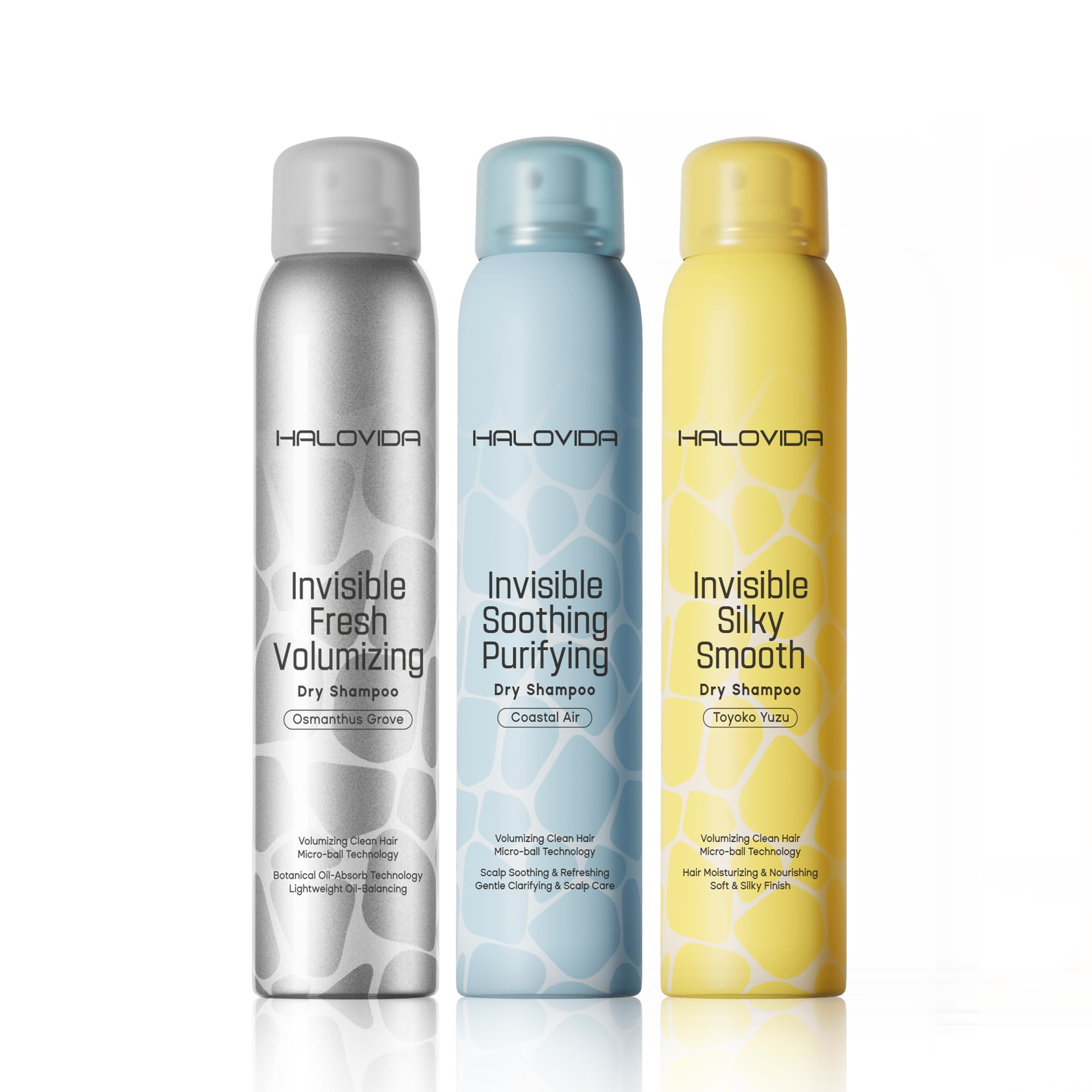 HALOVIDA Dry Shampoo Pack of 3 for Dark Hair — Invisible Residue, Oil Absorption, 72h Freshness