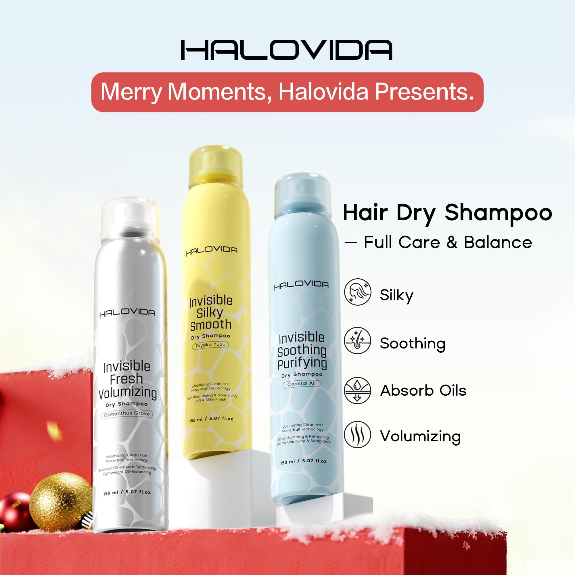 HALOVIDA Dry Shampoo Pack of 3 for Dark Hair — Invisible Residue, Oil Absorption, 72h Freshness