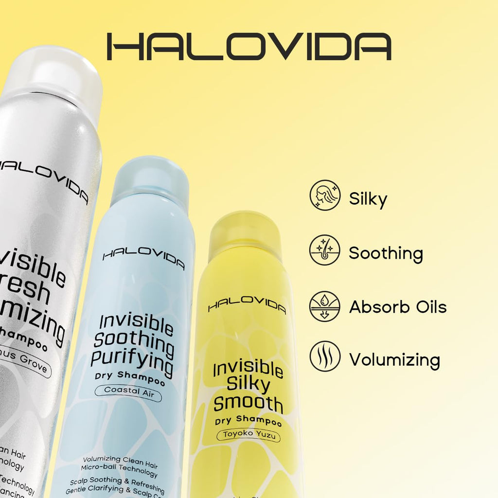 HALOVIDA Dry Shampoo Pack of 3 for Dark Hair — Invisible Residue, Oil Absorption, 72h Freshness