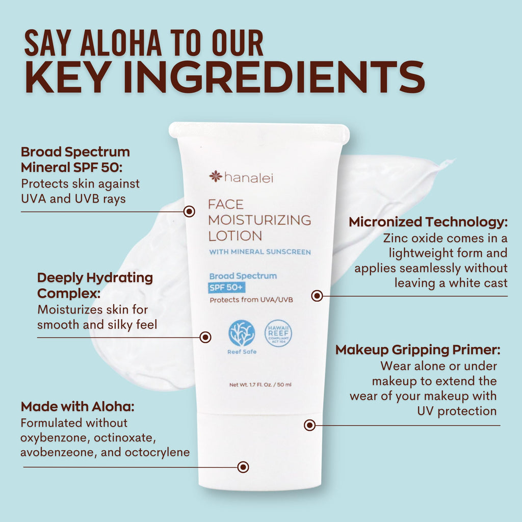 Hanalei Mineral Sunscreen Face Moisturizer SPF 50 – Dermatologist Tested, Reef-Safe, 3-in-1 Hydrating Primer