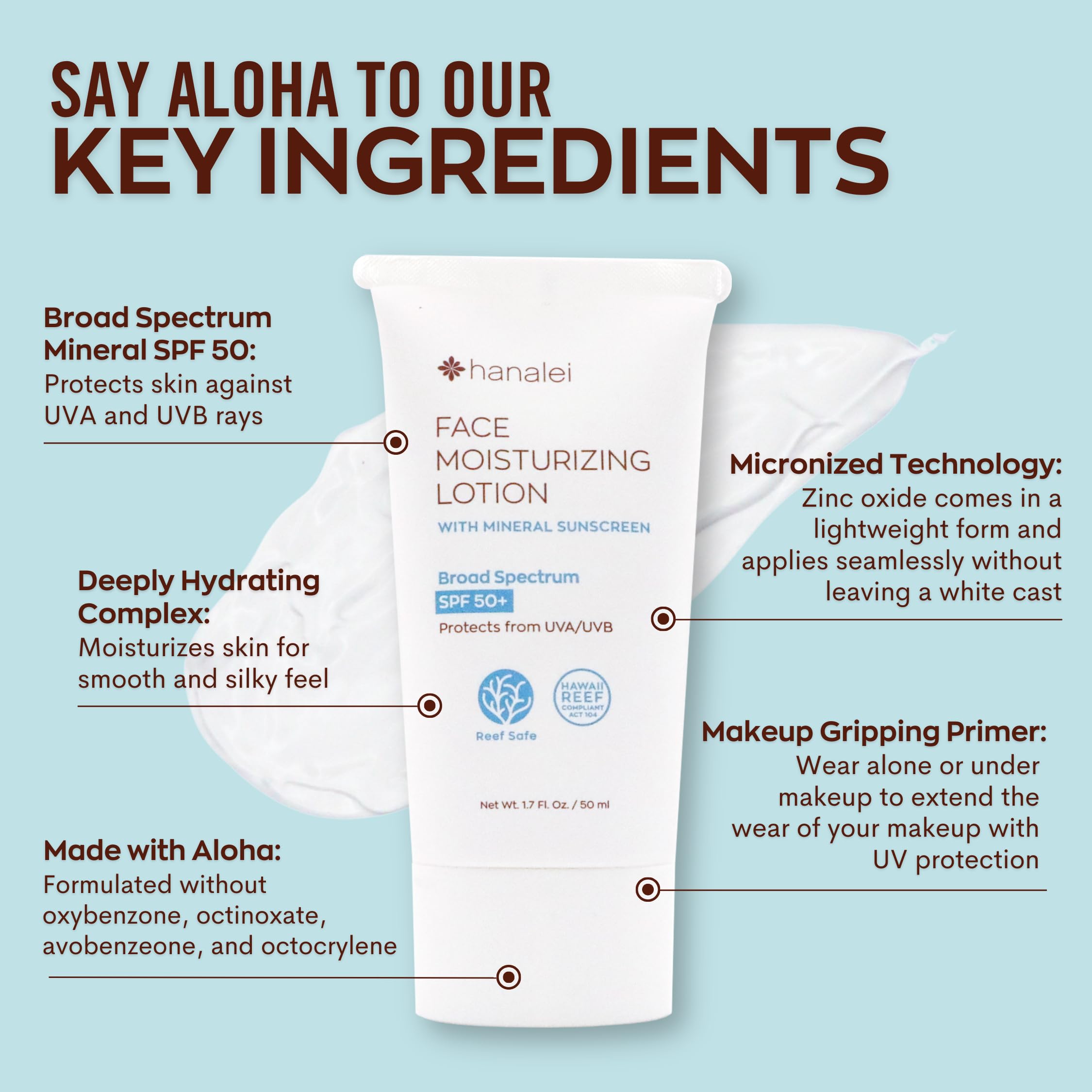 Hanalei Mineral Sunscreen Face Moisturizer SPF 50 – Dermatologist Tested, Reef-Safe, 3-in-1 Hydrating Primer