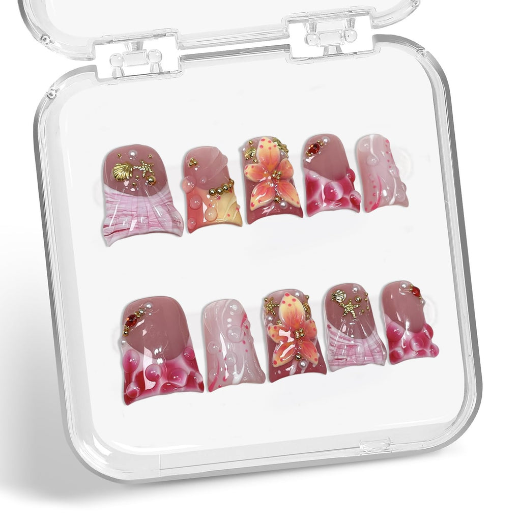Handemade Press On Nails – Thick Gel Acrylic, Short Duck Shape, Floral Water Droplets