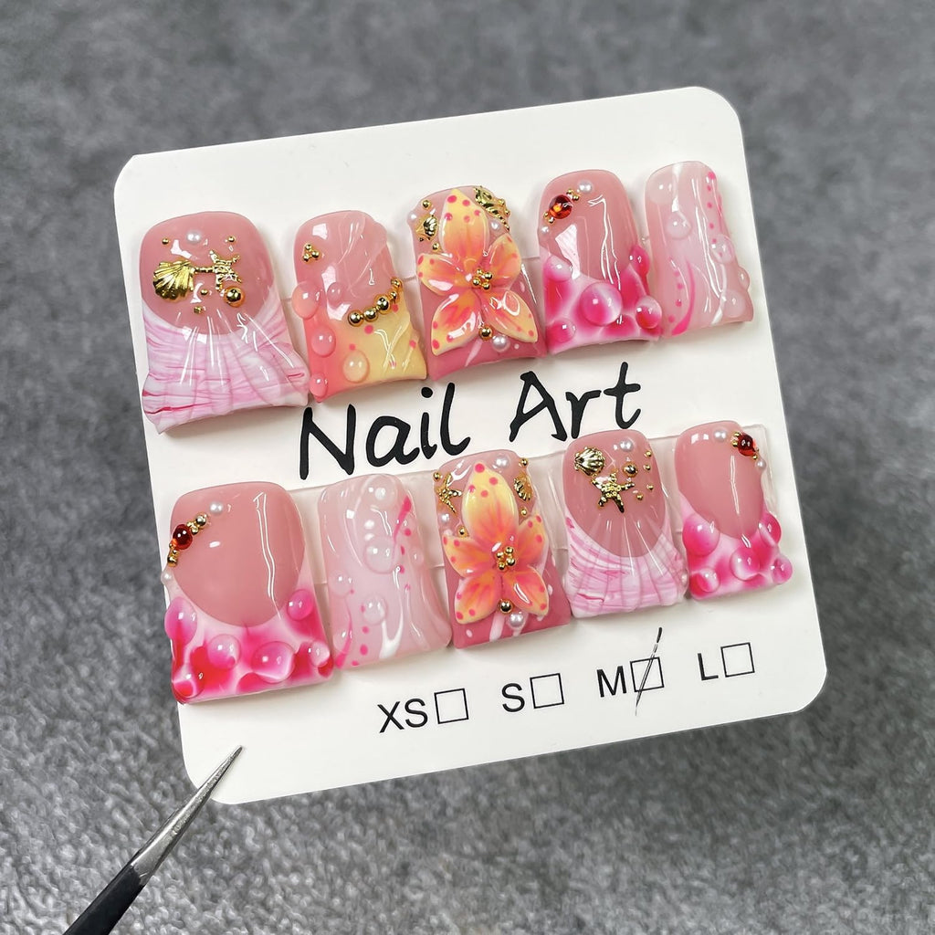 Handemade Thick Multi-Layer Gel Nail Press-On Nails – Short Duck Design with Water Droplets & Flower Gradient (10pcs)