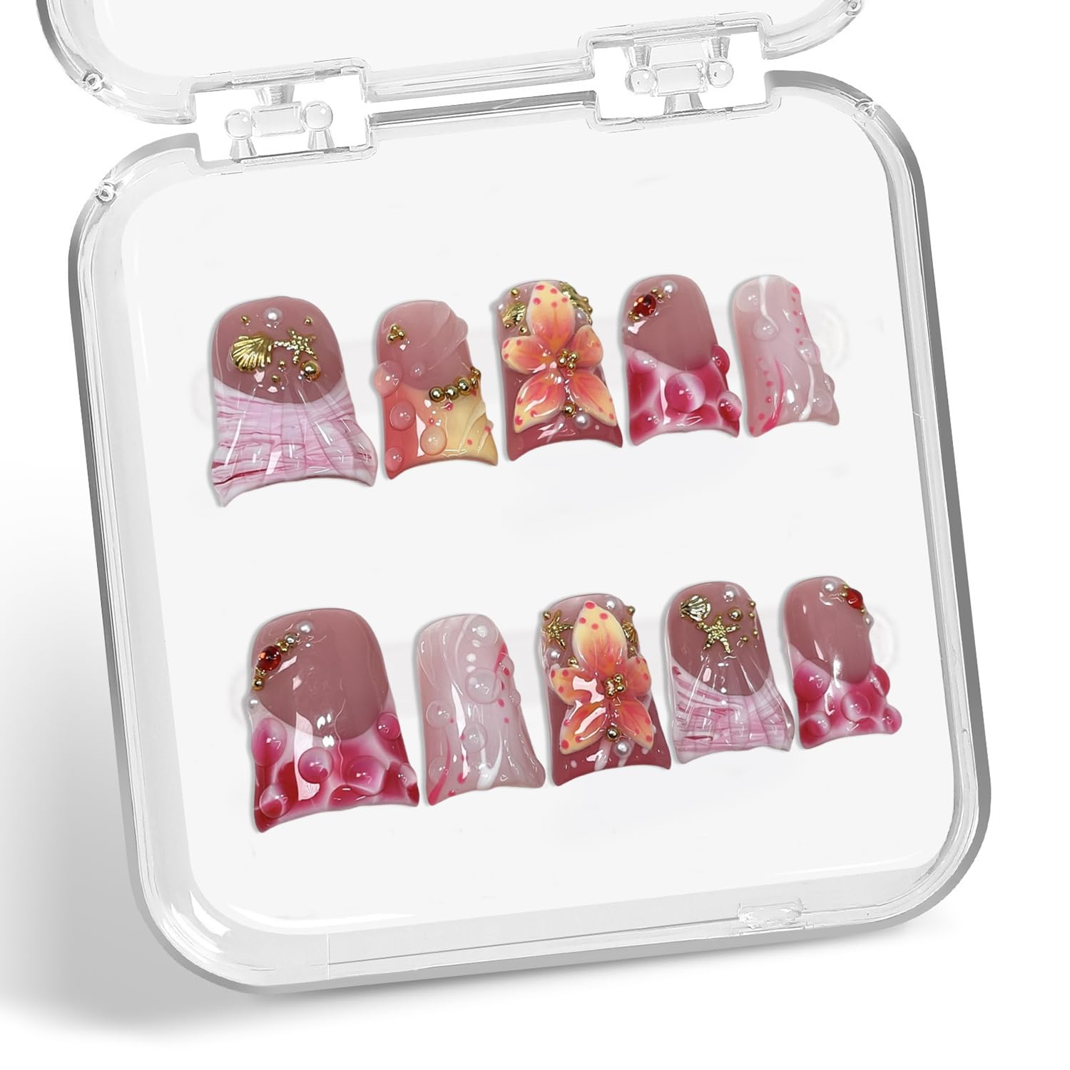 Handemade Thick Multi-Layer Gel Nail Press-On Nails – Short Duck Design with Water Droplets & Flower Gradient (10pcs)