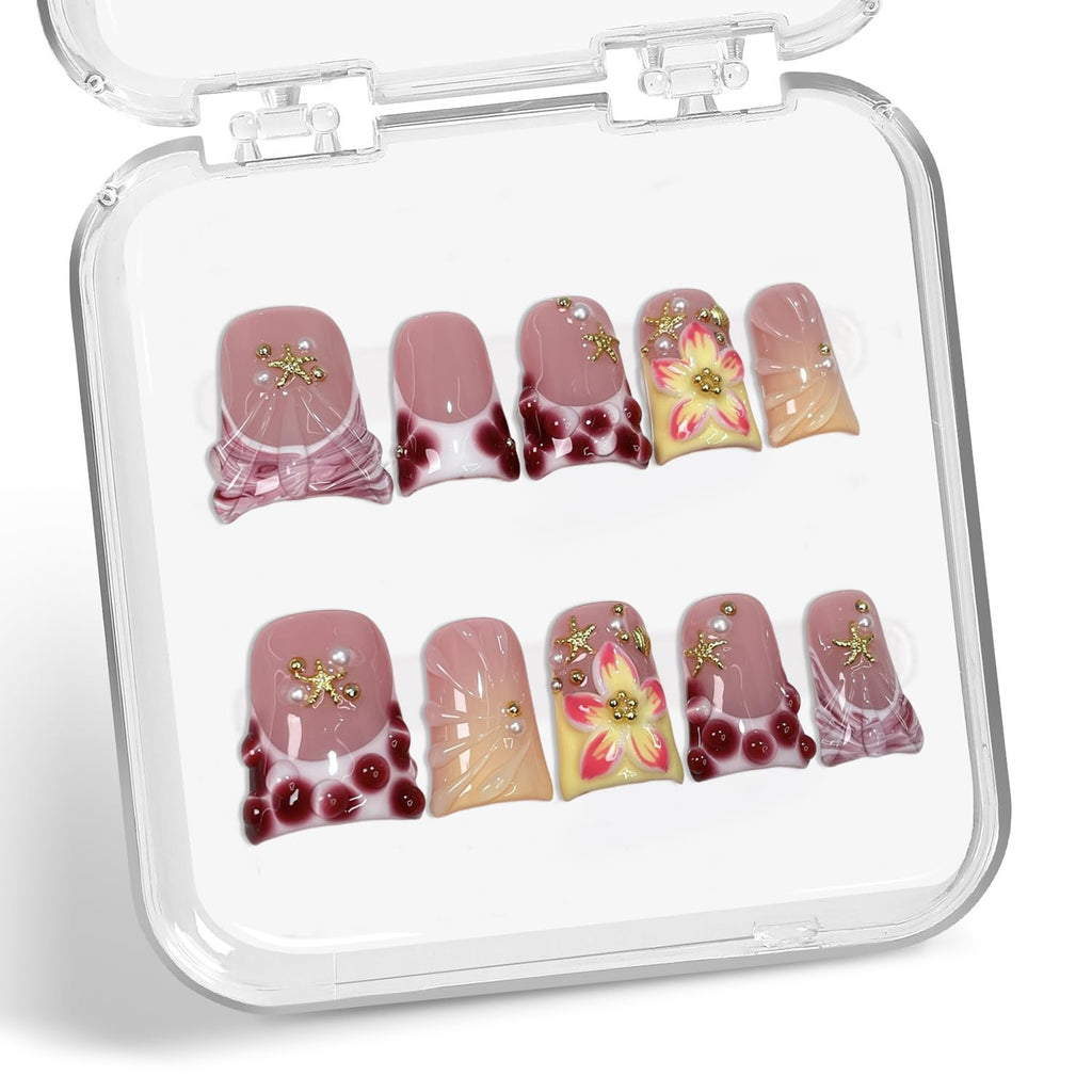 Handmade Flower Press-on Nails – 3D Seashell & Pearl Design, Short Duck Style, 10pcs