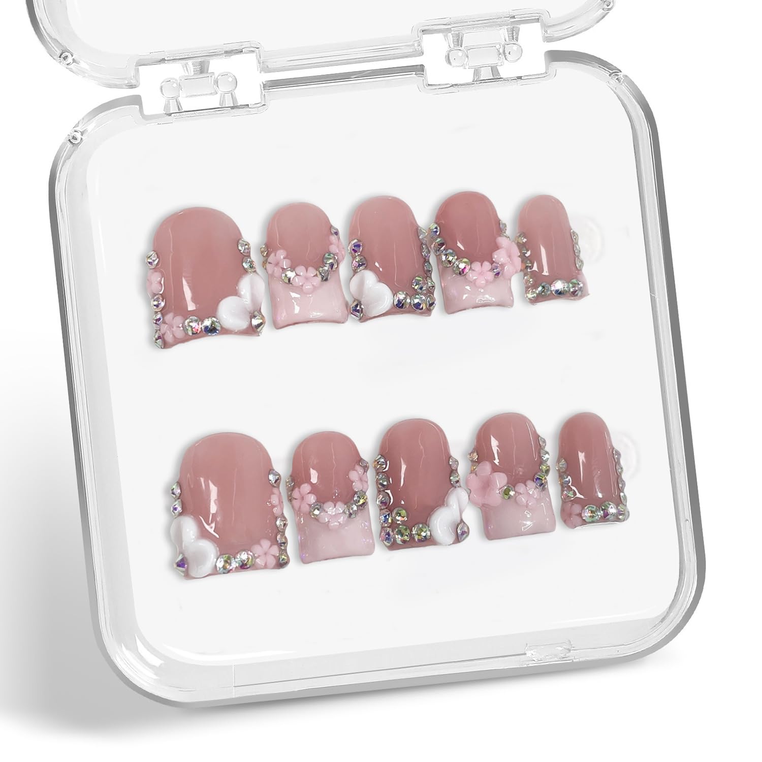 Handmade Press-On Nails – Short Square 3D Floral Pink French Tip with Rhinestones