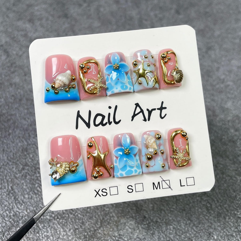 Handmade Press-On Nails – 3D Golden Starfish & Shell, Blue Flower Embossed (S)