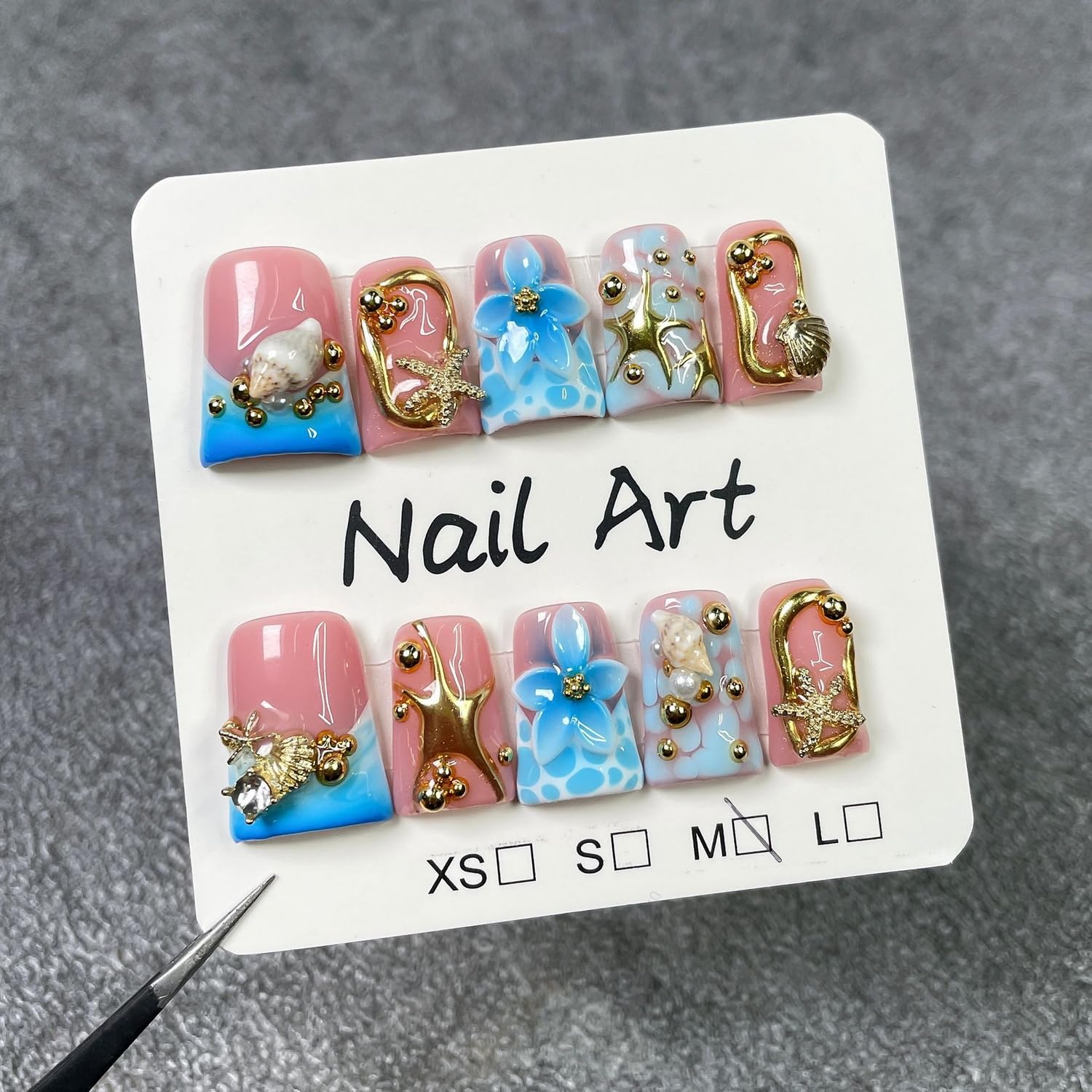 Handmade Press-On Nails – 3D Golden Starfish & Shell, Blue Flower Embossed (S)