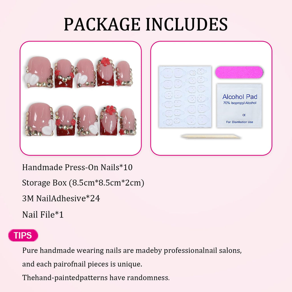Handmade Press-On Nails - Red French Tip Short Square with 3D Flowers & Rhinestones