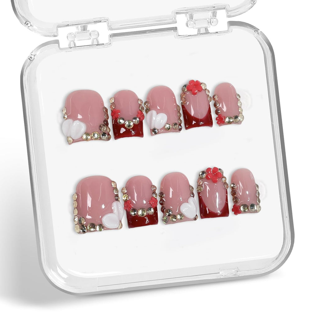 Handmade Press-On Nails - Red French Tip Short Square with 3D Flowers & Rhinestones