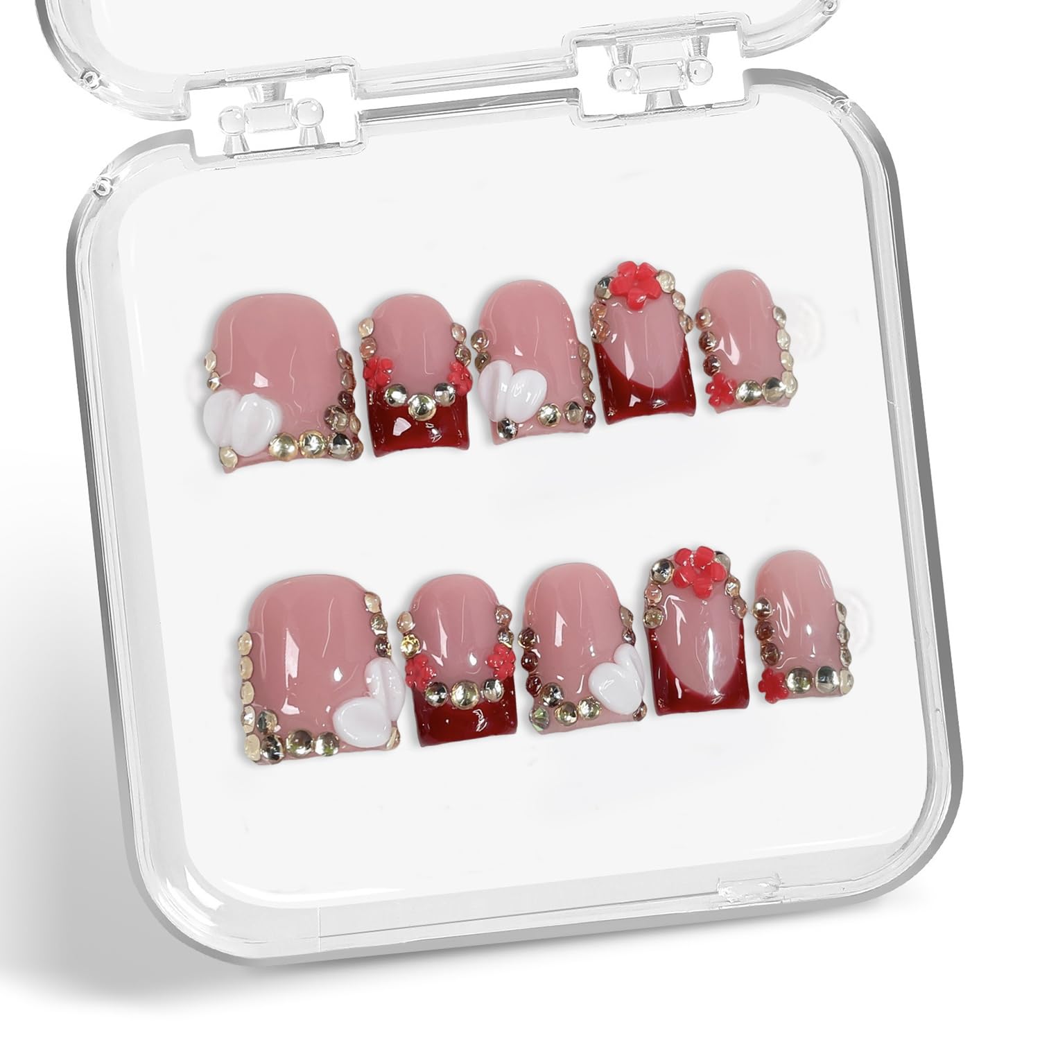 Handmade Press-On Nails - Red French Tip Short Square with 3D Flowers & Rhinestones