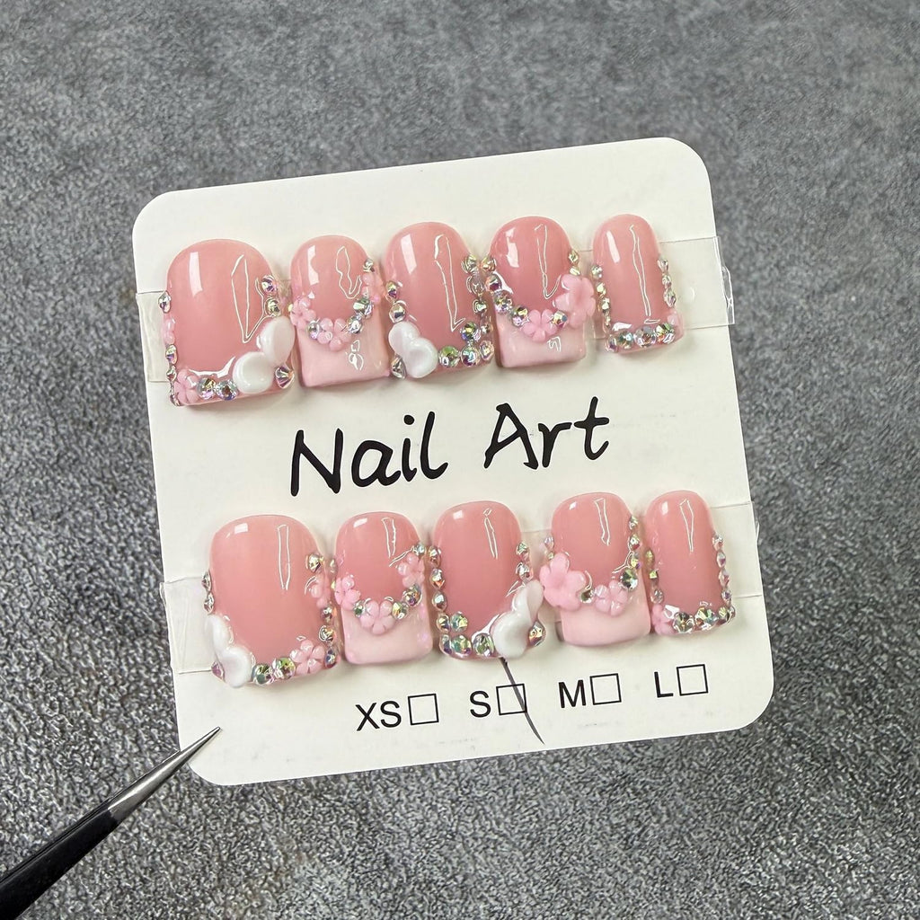 Handmade Press-On Nails | Short Square 3D Floral Pink French Tip with Rhinestones (10pcs)