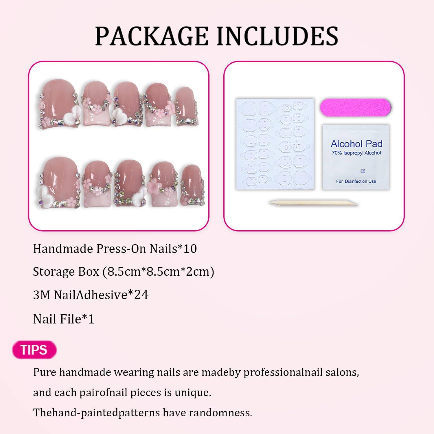 Handmade Press-On Nails | Short Square 3D Floral Pink French Tip with Rhinestones (10pcs)