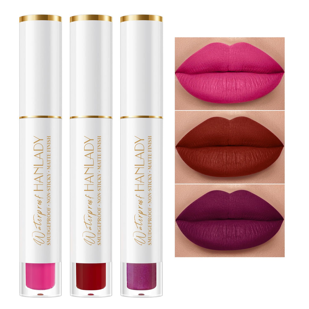 HANLADY Berry Pink Red Lipstick 3pc – Long-Lasting Matte, Vegan & Cruelty-Free Lip Color