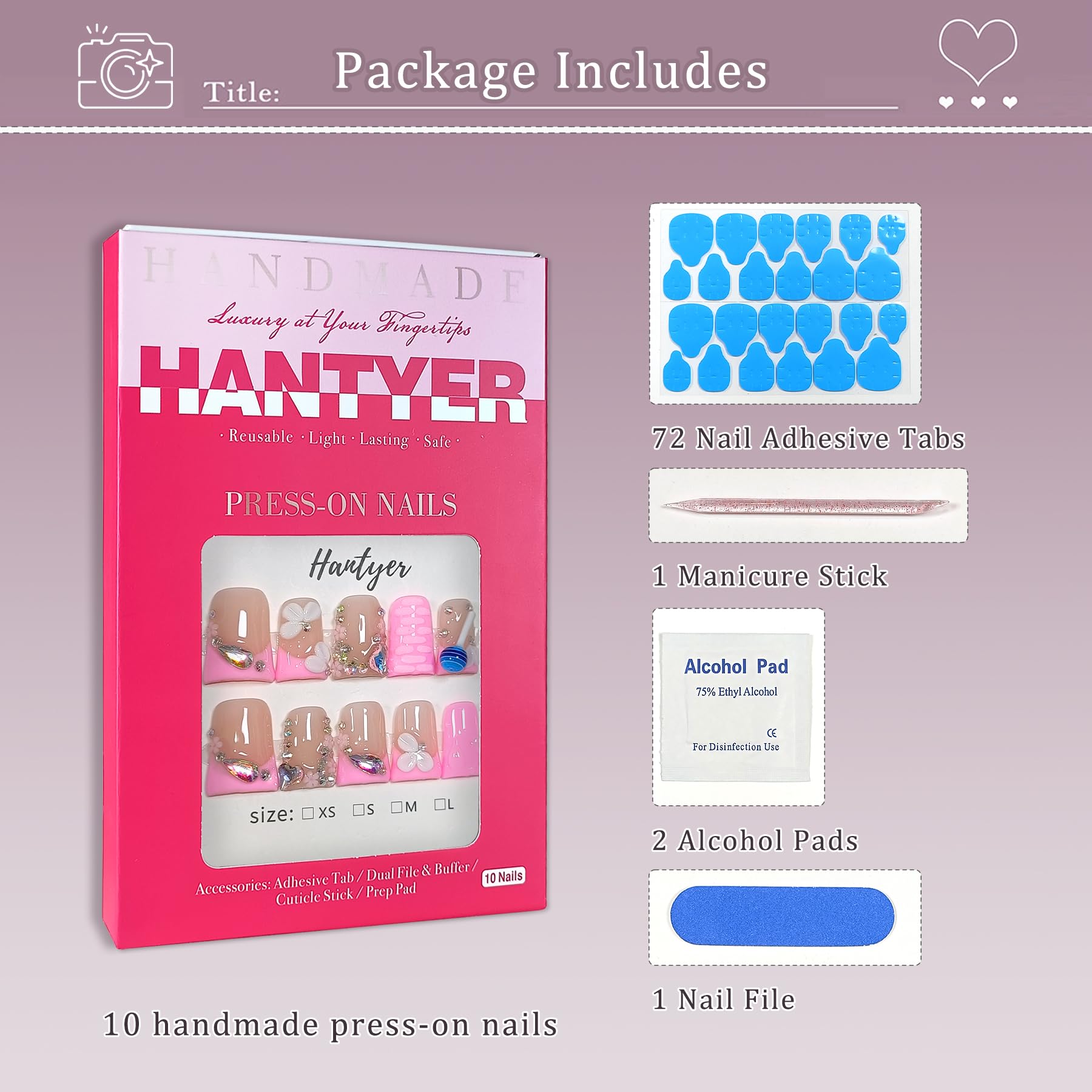 Hantyer 10pcs French Tip Press-On Nails Kit – Short Duckbill Pink, Rhinestones & 3D Floral (Size M)