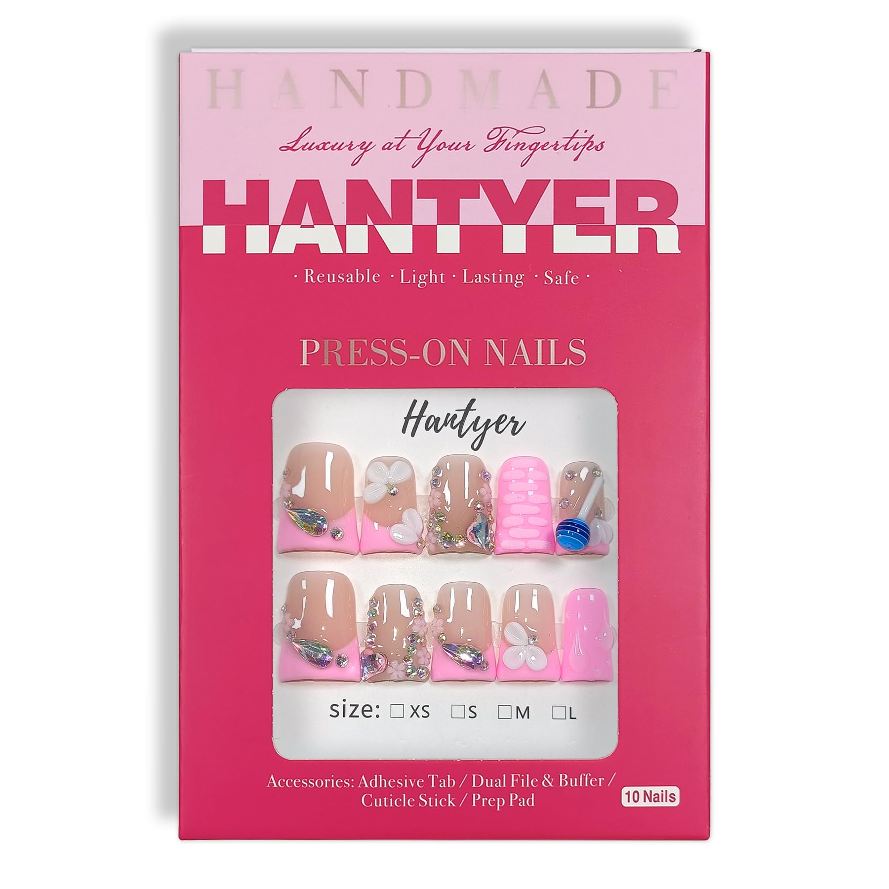 Hantyer 10pcs French Tip Press-On Nails Kit – Short Duckbill Pink, Rhinestones & 3D Floral (Size M)