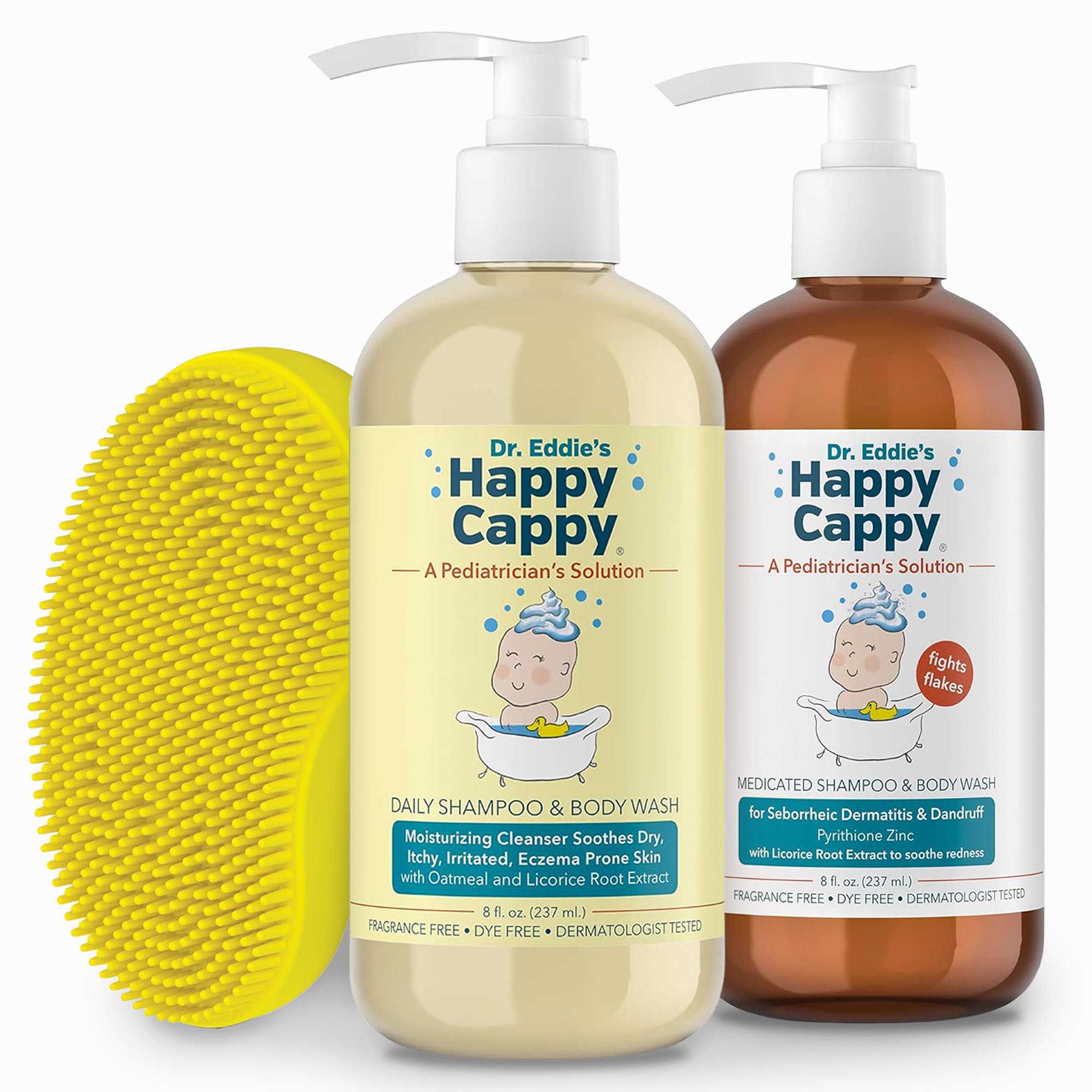 Happy Cappy Medicated & Daily Shampoo + Beanie Brush Bundle — Fragrance-Free for Cradle Cap & Dry Skin