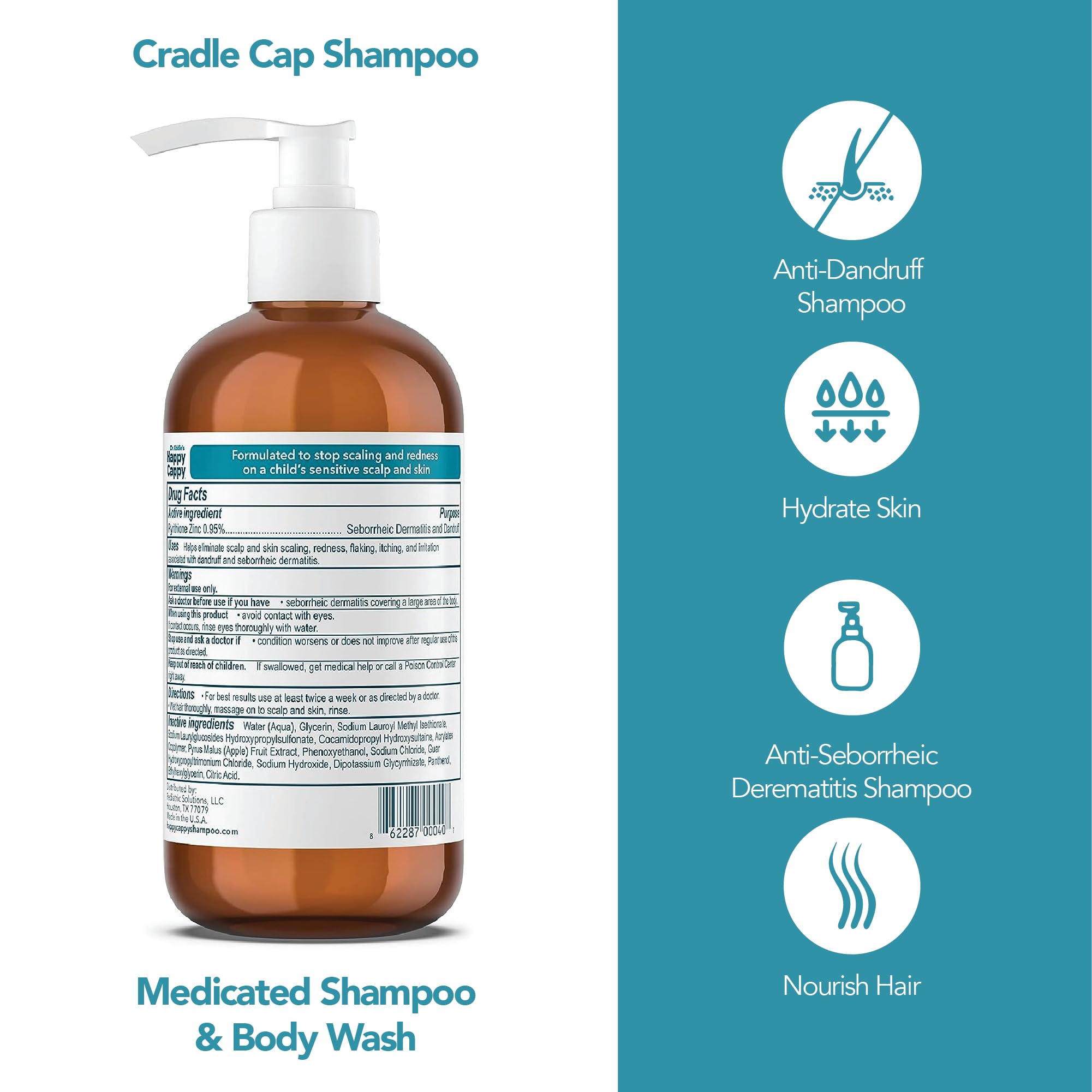 Happy Cappy Medicated Shampoo & Body Wash – Fragrance-Free for Cradle Cap & Dandruff (4 x 8 oz)